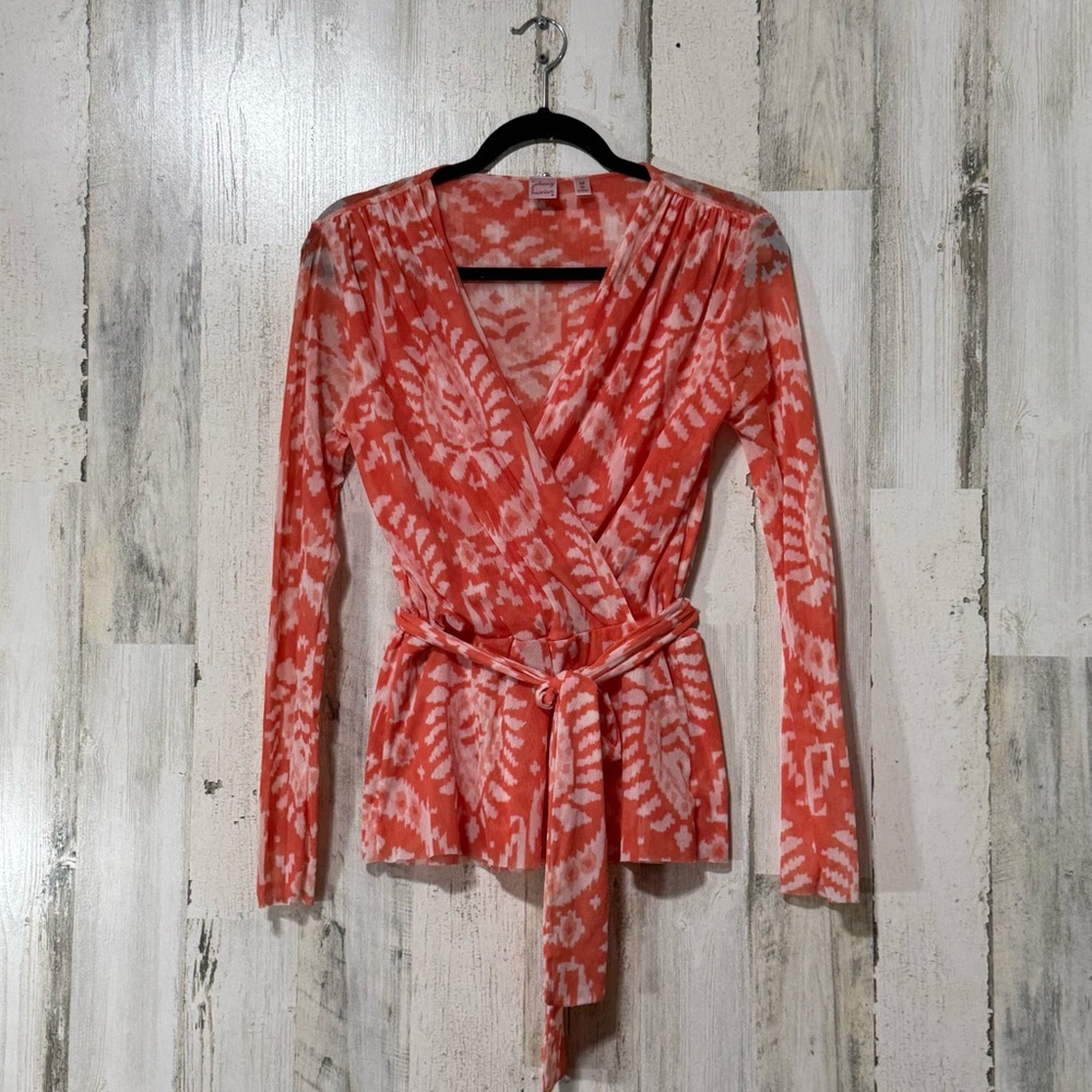Sheer Long Sleeve Blouse Coral Patterned Wrap Blouse